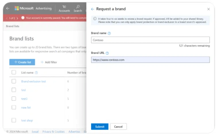 Listes de marques Microsoft Advertising Pmax