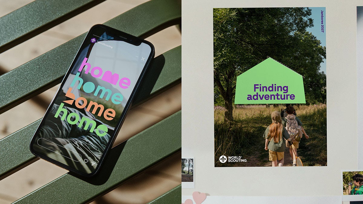Image composite montrant la nouvelle image de marque du Scoutisme mondial, y compris une publication sur les réseaux sociaux sur laquelle on peut lire « chez soi » dans différentes polices de caractères, et une photo de jeunes dans la nature intitulée « à la recherche de la nature »