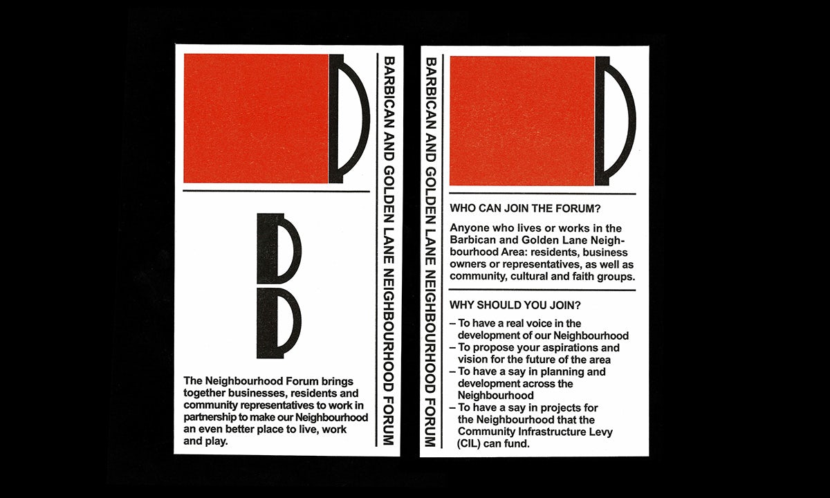 Graphique montrant la nouvelle identité du Barbican et du Golden Lane Estate, avec un lettrage non conventionnel, présenté dans le cadre d'un graphique textuel plus grand