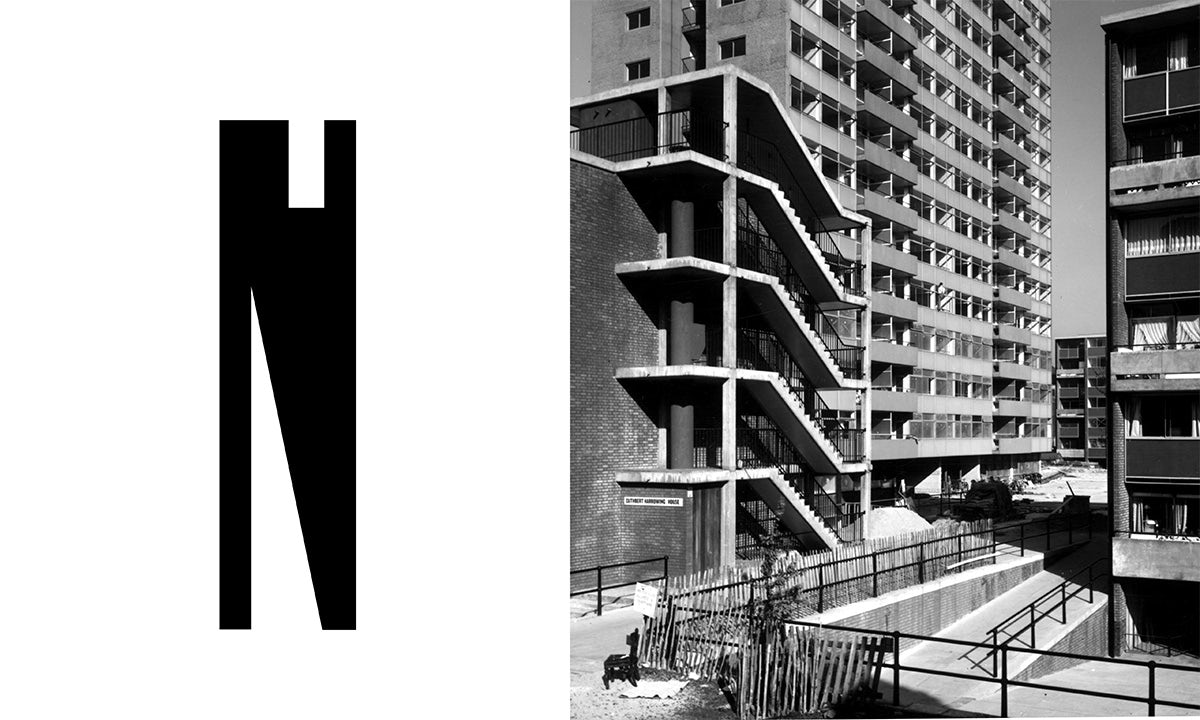 Composite montrant un « N » angulaire allongé à gauche et à droite une photo en noir et blanc de l'architecture brutaliste du Barbican