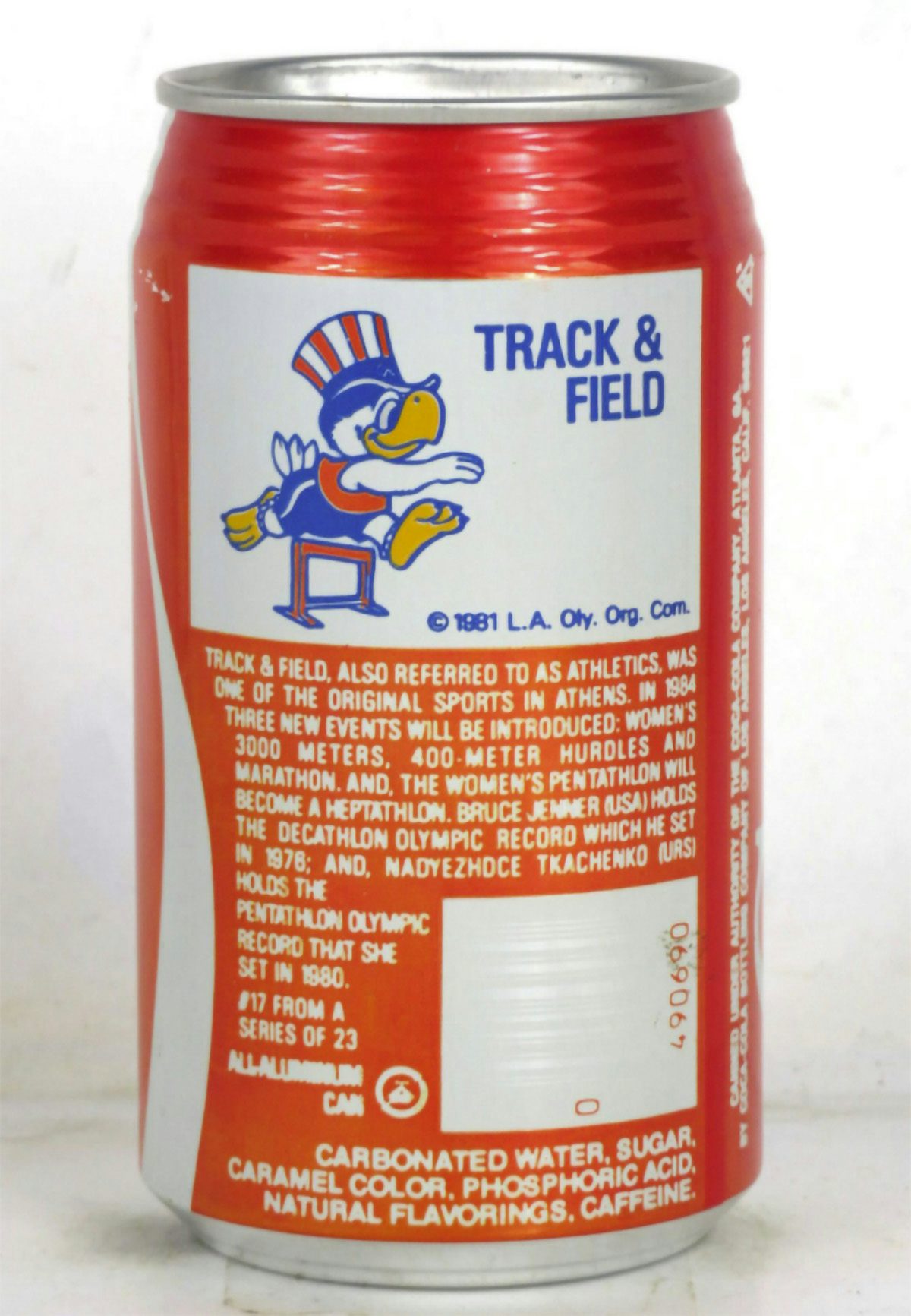 Canette de Coca-Cola créée pour les Jeux olympiques de 1984 montrant une mascotte d'oiseau au dos de l'emballage