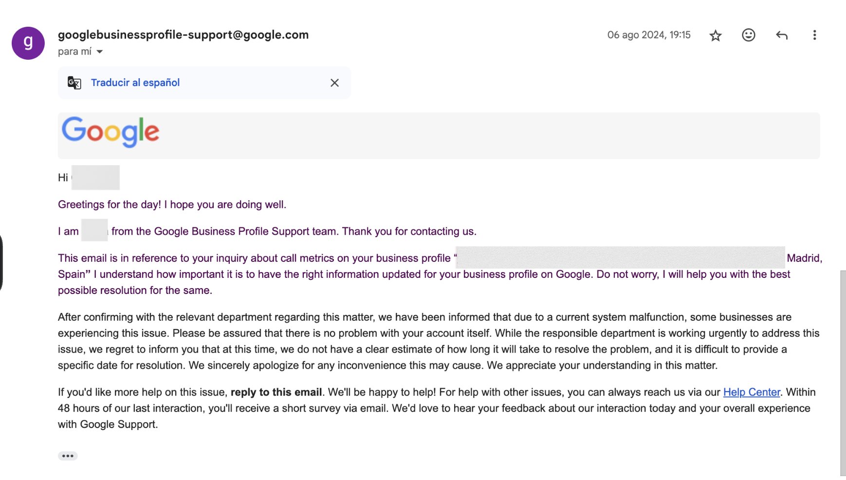 Bug de l'e-mail de rapport d'appel Google