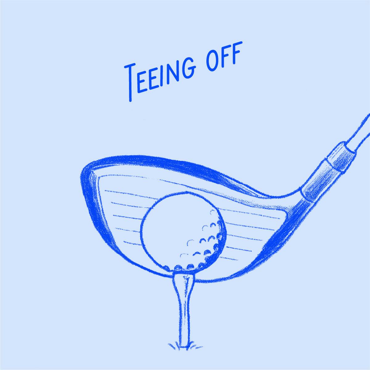 Illustration d'un club de golf à côté d'une balle sur un tee, intitulé « Teeing off »