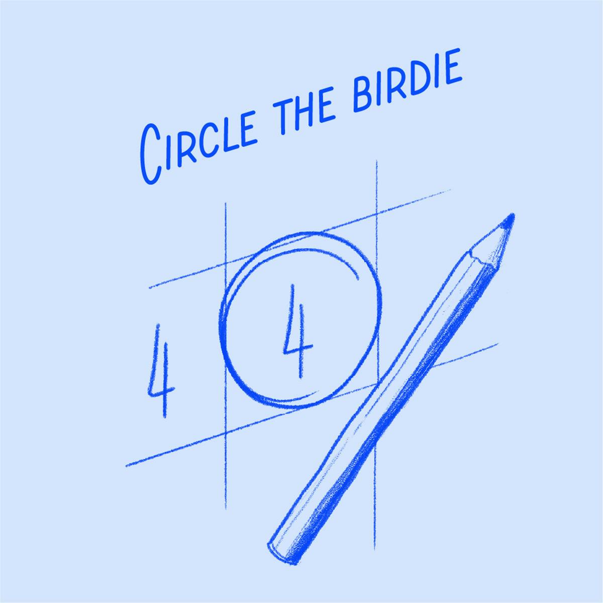 Illustration d'un crayon et du chiffre quatre écrit à l'intérieur d'une grille avec le titre « encerclez l'oiseau » dans un style de lettrage manuscrit