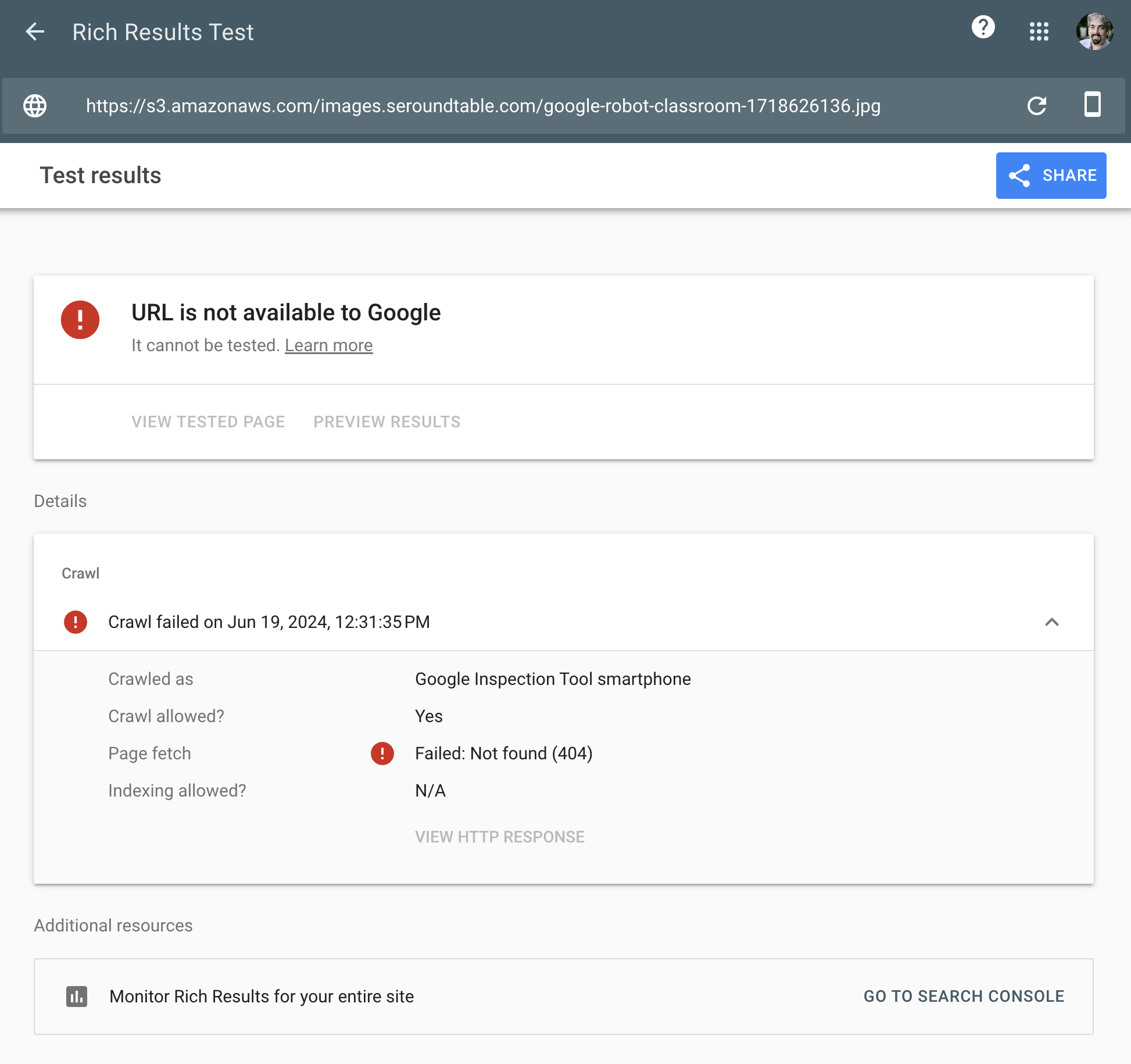 URL de résultat enrichi de Google bloquée
