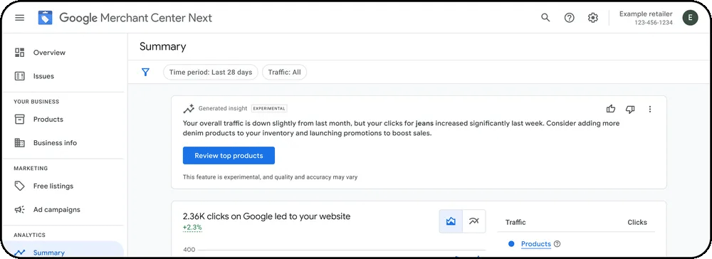 Résumés des statistiques de Google Merchant Center