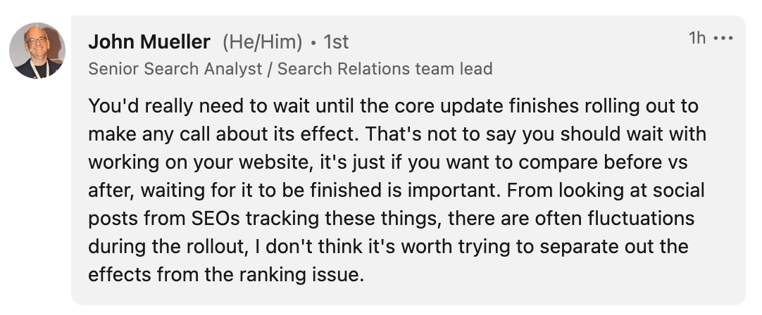 Mise à jour de Johnmu sur Linkedin Core, attendez la publication