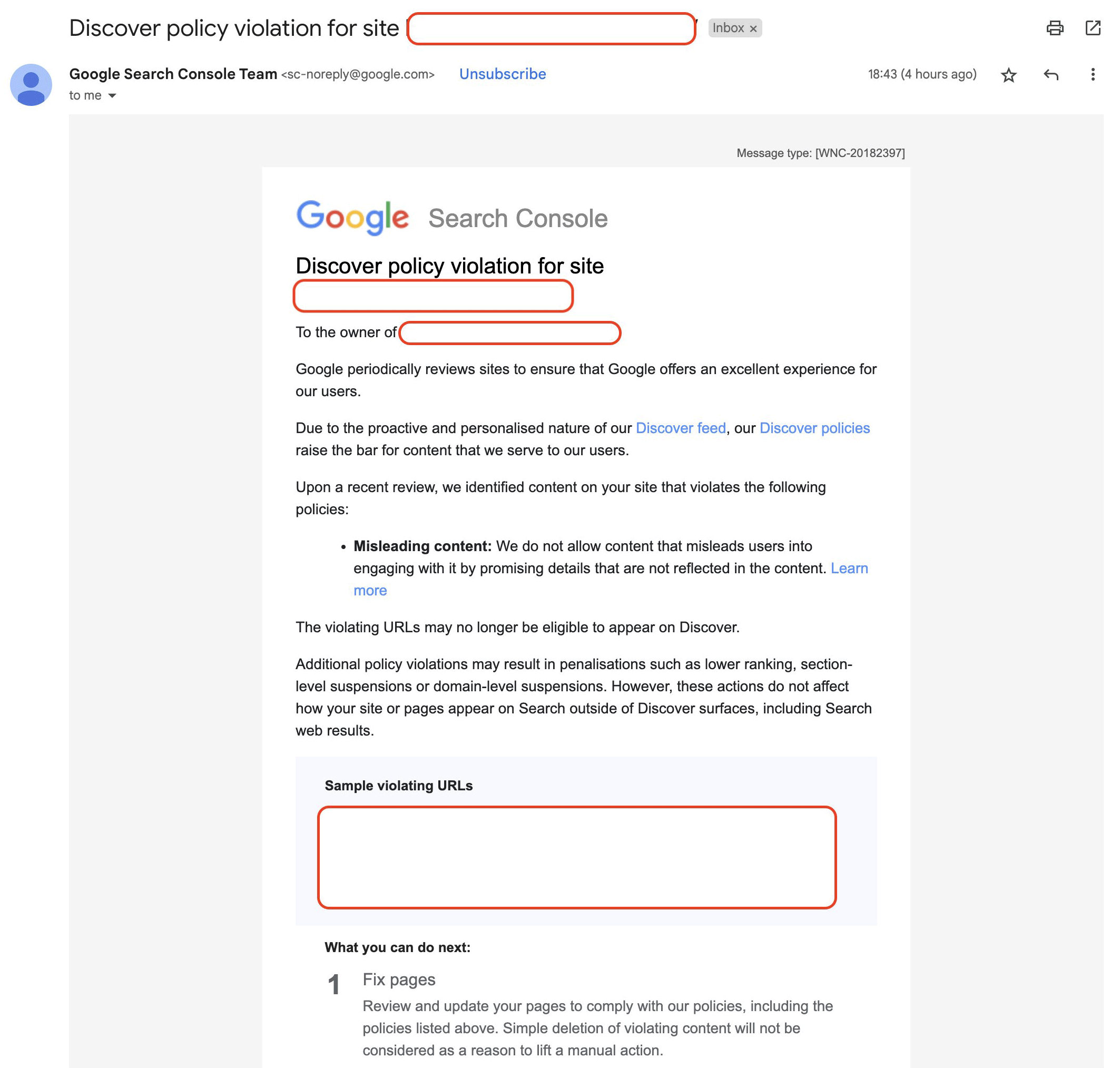 Avis de violation des règles de Google Discover