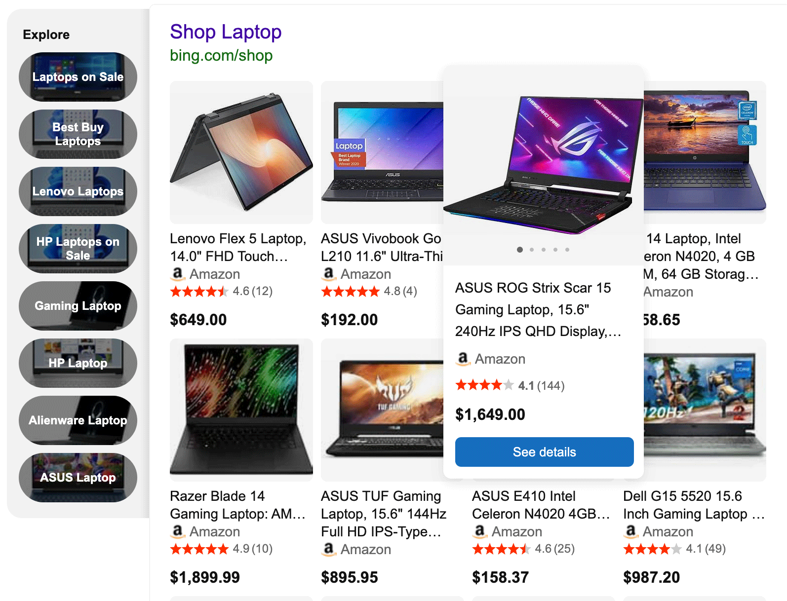 Bouton Voir les détails de Bing Shopping