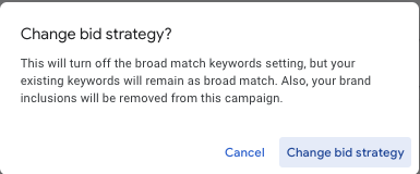 Fenêtre contextuelle de modification de la stratégie d'enchères de Google Ads