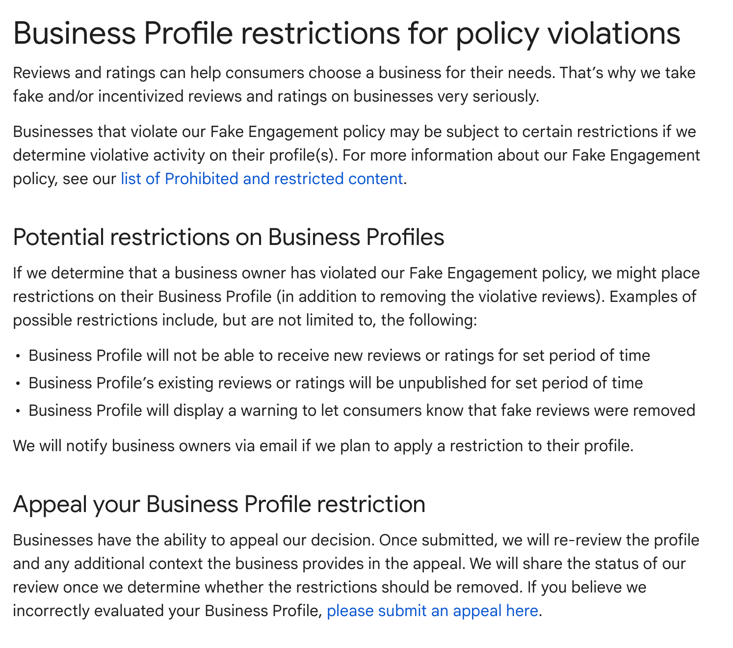 Document sur les restrictions des profils d'entreprise Google