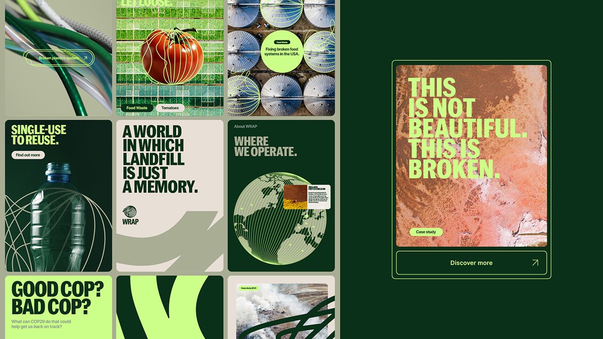 Composite de graphiques montrant la marque Wrap avec des illustrations basées sur des lignes et une typographie majuscule audacieuse en noir et vert lime