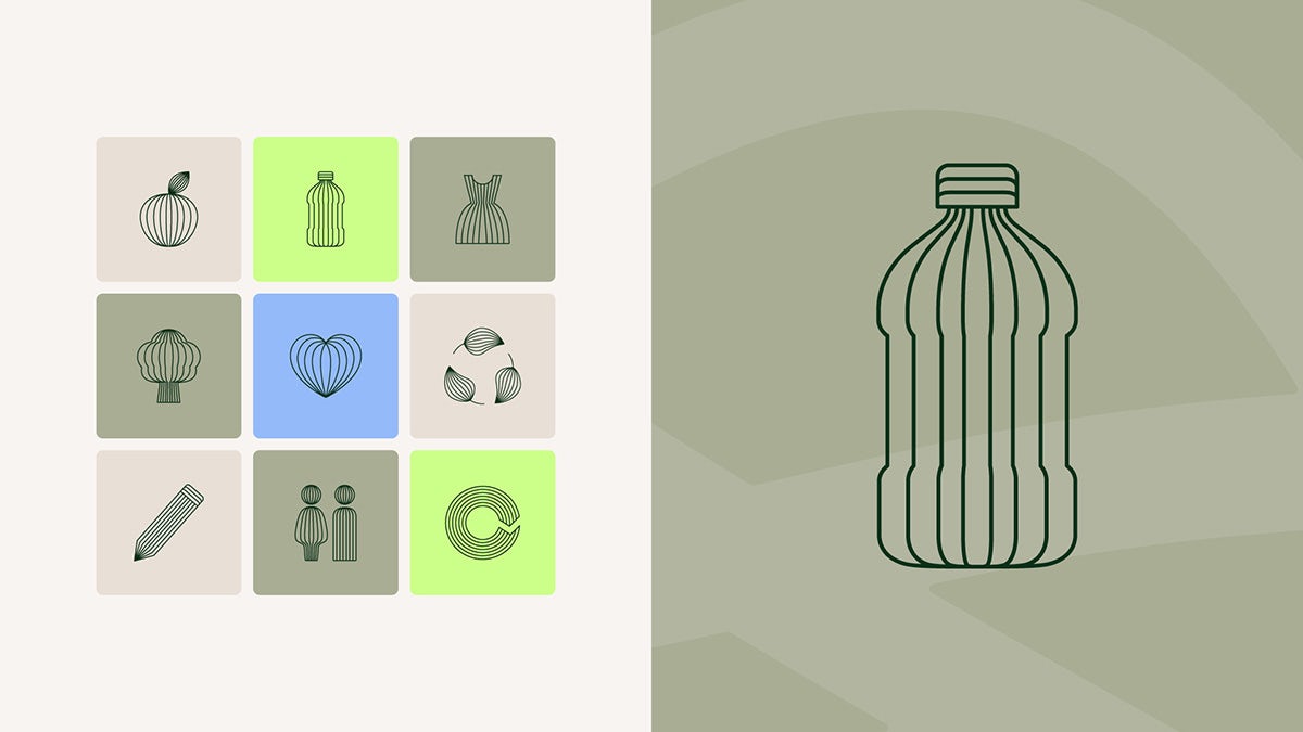 Illustrations en ligne d'icônes comprenant un symbole de cœur, un crayon et une bouteille