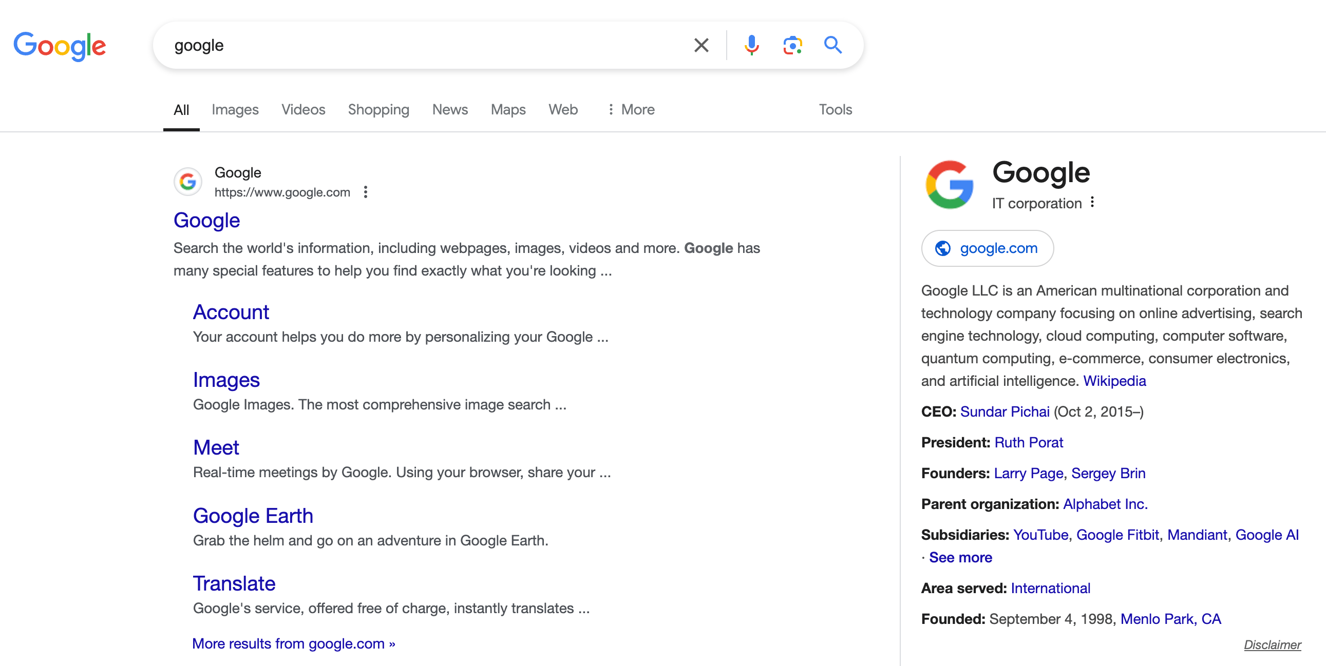 Bureau au format normal du panneau de connaissances Google