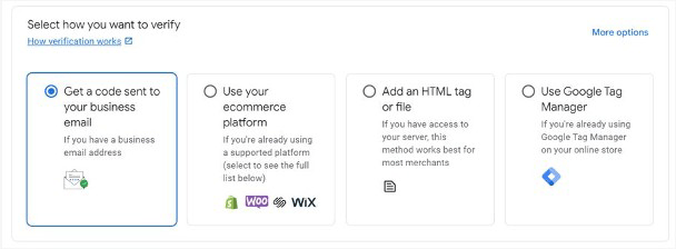 Options de vérification de Google Merchant Center