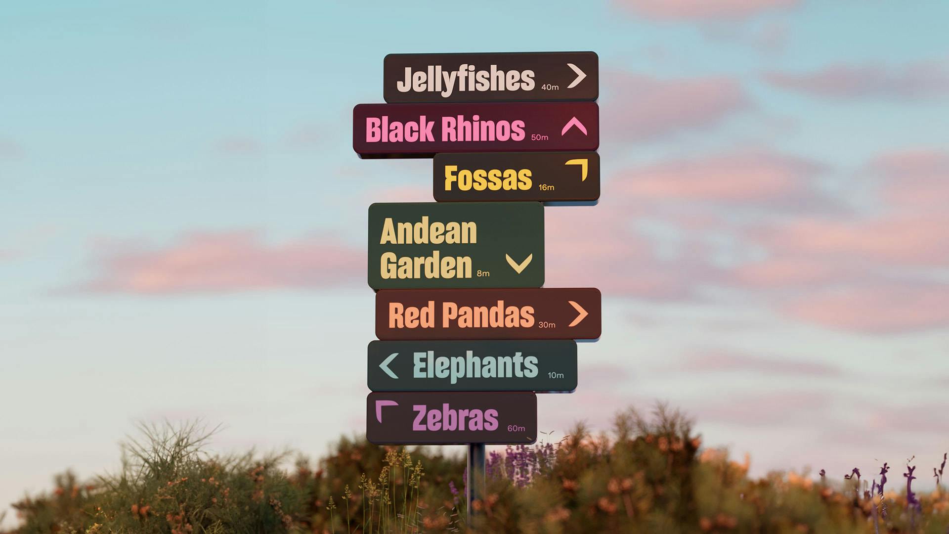 Outdoor signpost labelled with different animal enclosures in bright colours