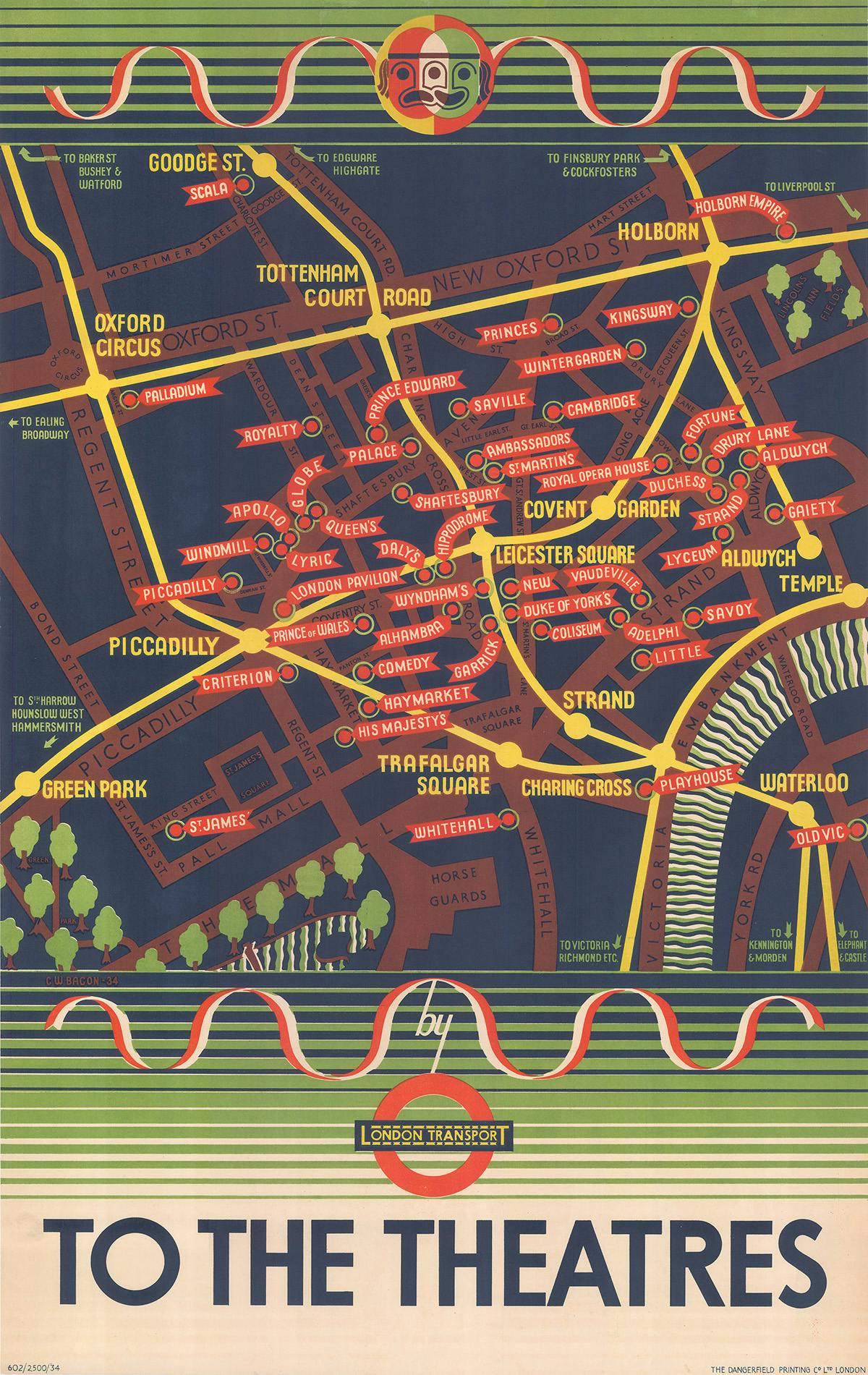 Illustrated poster showing central London and tube lines laid over the top