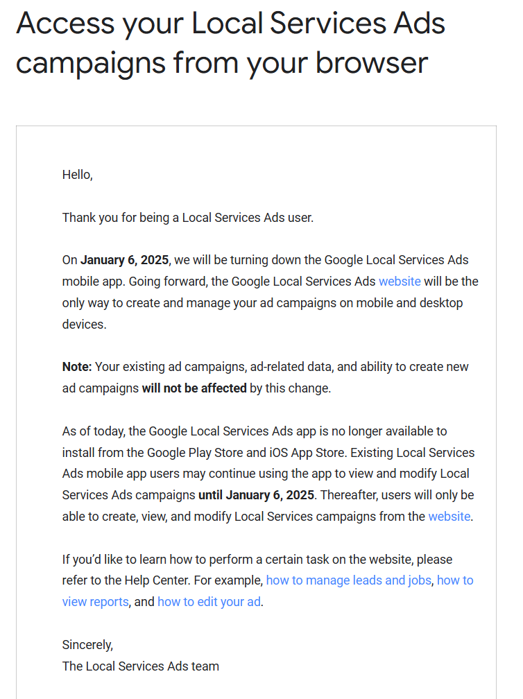 E-mail de l'application Google Lsa