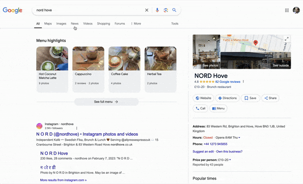 Recherche des points forts du menu Google
