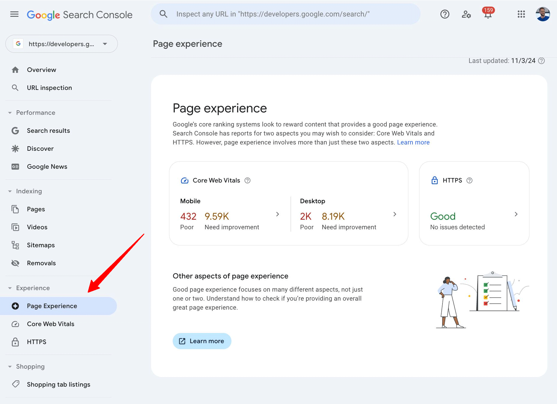 Lien vers le rapport sur l'expérience de la page Google