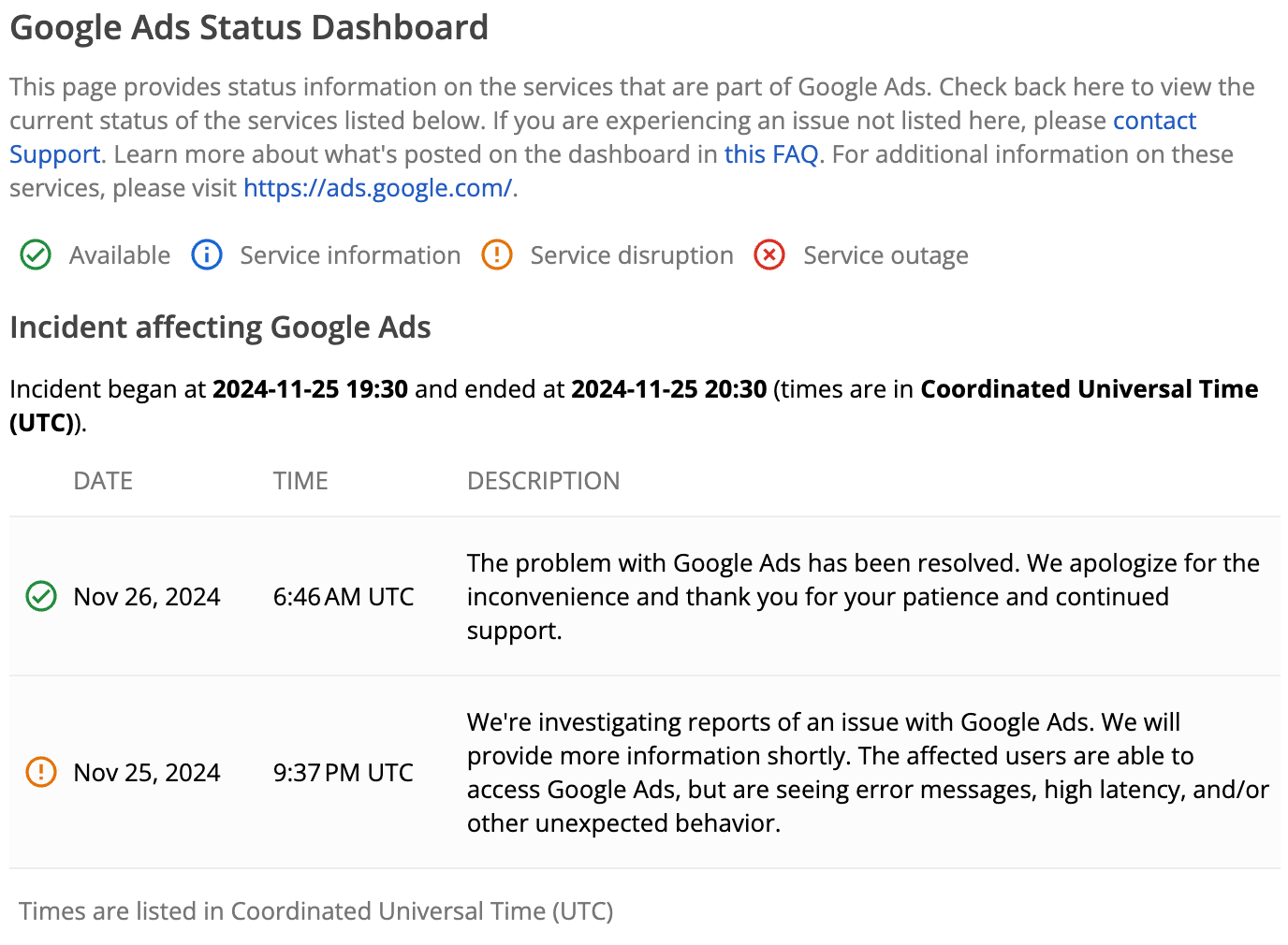 Statut des annonces Google