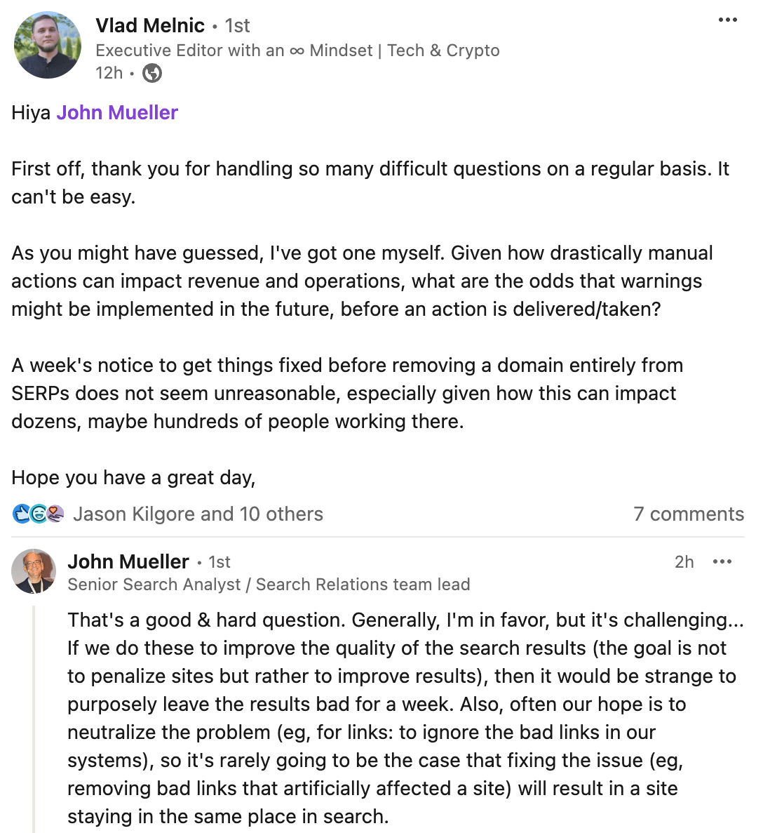 Réponse de John Linkedin