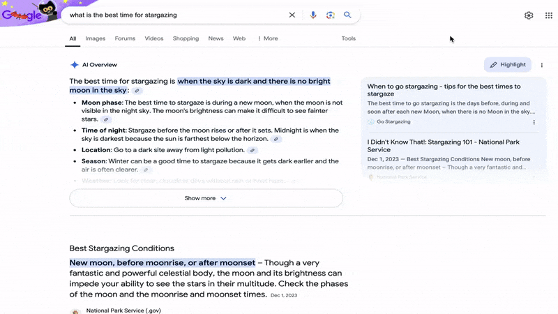 Point culminant des aperçus de Google Ai