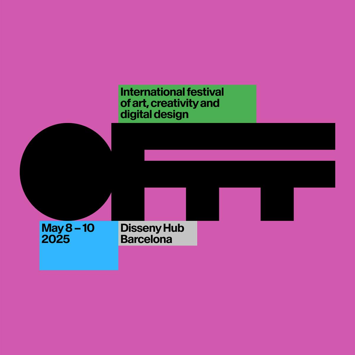 Le mot-symbole Offf Festival comporte des lettres noires épaisses et des « F » qui se fondent les uns dans les autres, sur un fond rose vif.