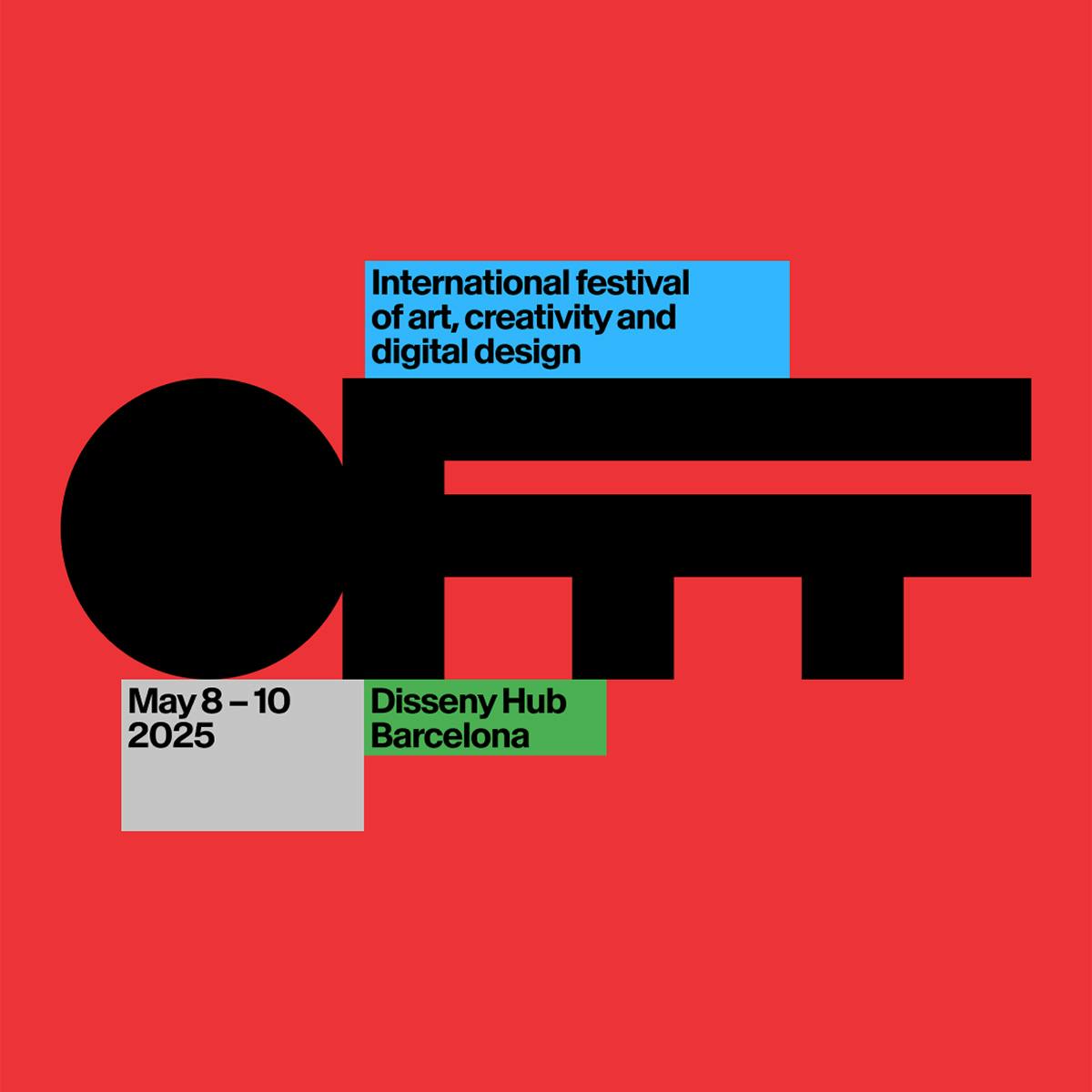 Le mot-symbole Offf Festival comporte des lettres noires épaisses et des « F » qui se fondent les uns dans les autres, sur un fond rouge vif.