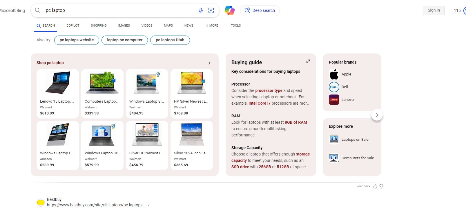 Carte de commerce électronique Bing Shopping