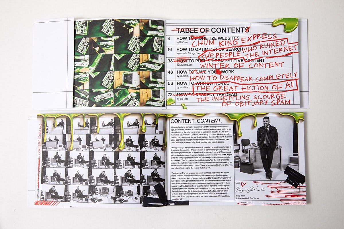 Planches de Content Goblins de The Verge qui semblent avoir été marquées au crayon rouge épais