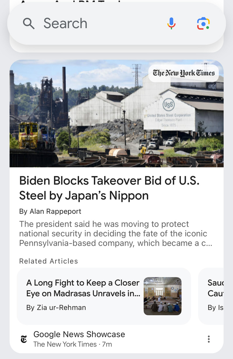 Carrousel de cartes d'histoire de flux Google Discover