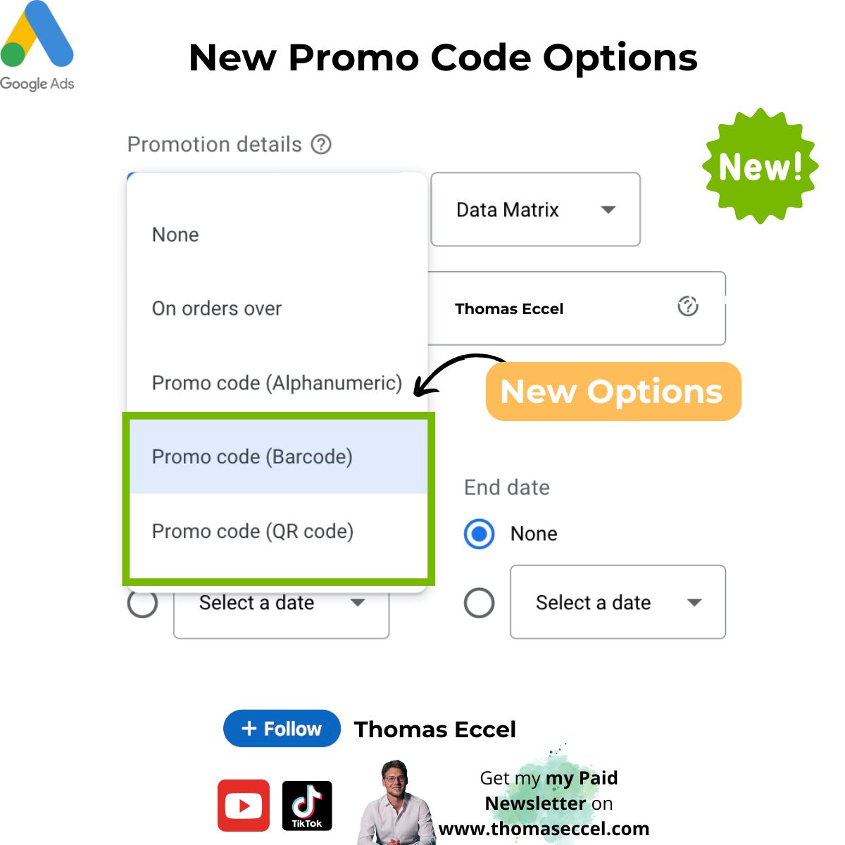 Options du code promotionnel Google Ads