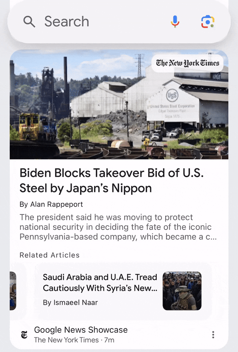 Carrousel de cartes d'histoire de flux Google Discover