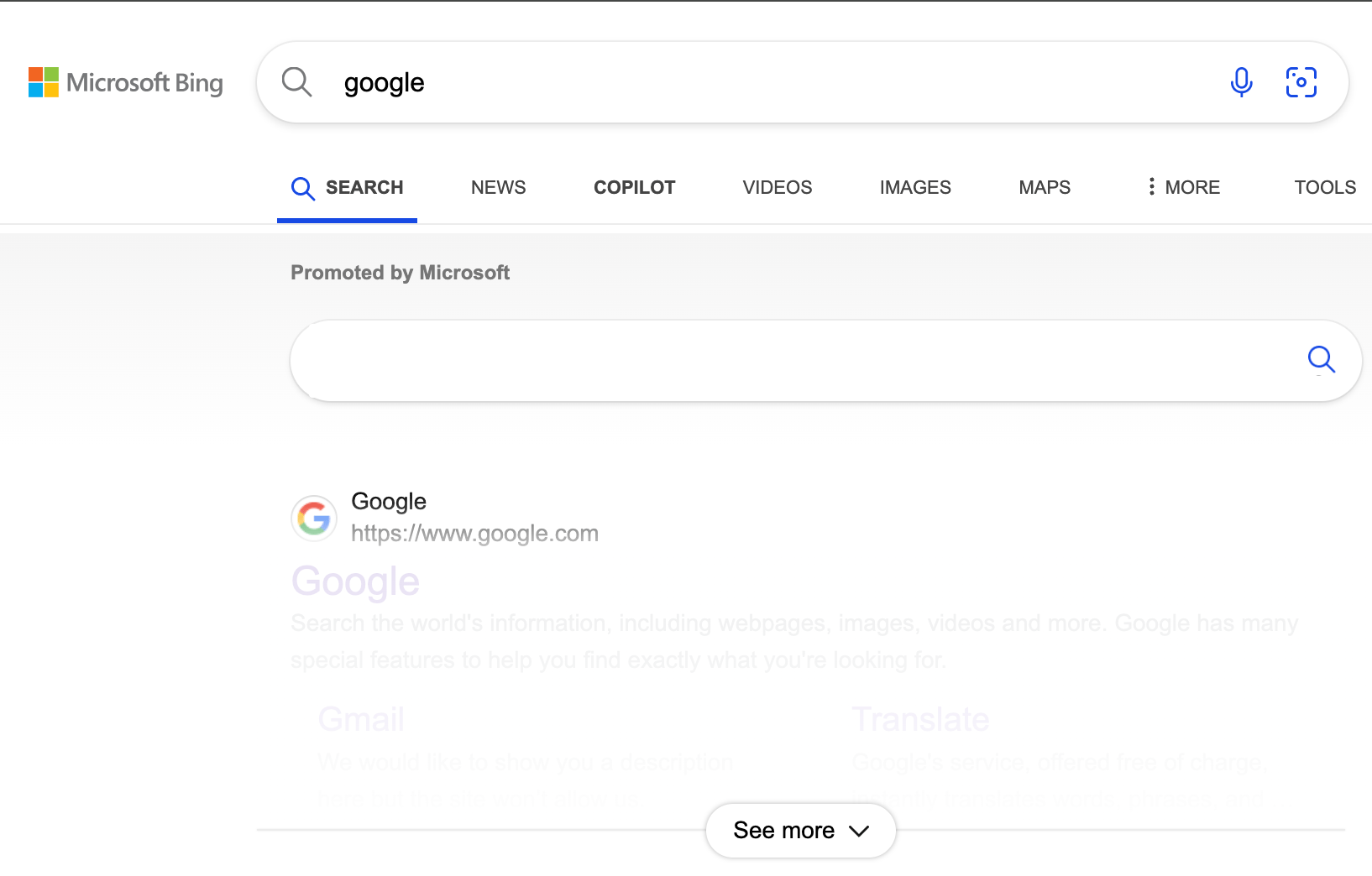 Bing masquant les résultats de la recherche Google