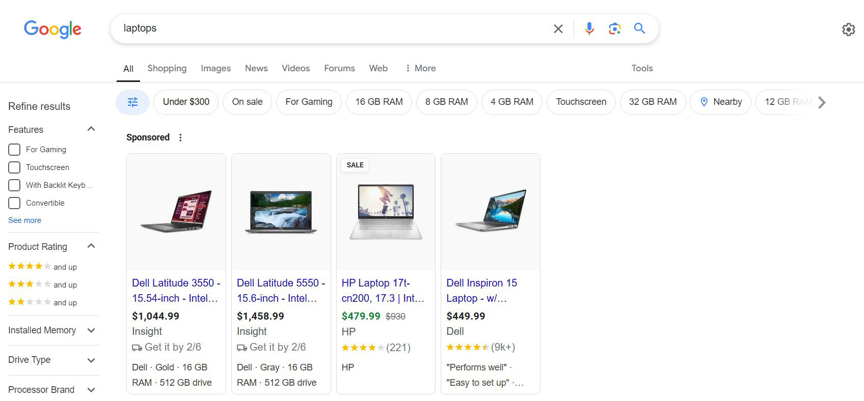 Google Shopping Filtres avec des cotes de produit