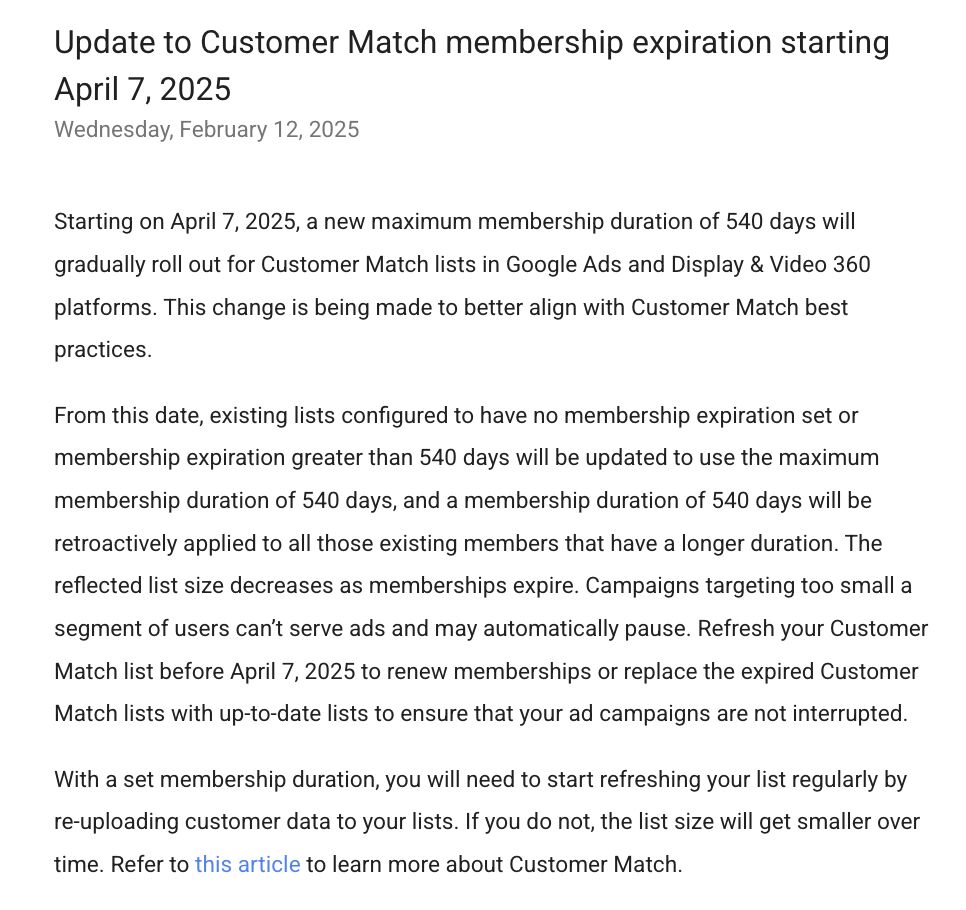 Expiration de la correspondance des clients Google ADS