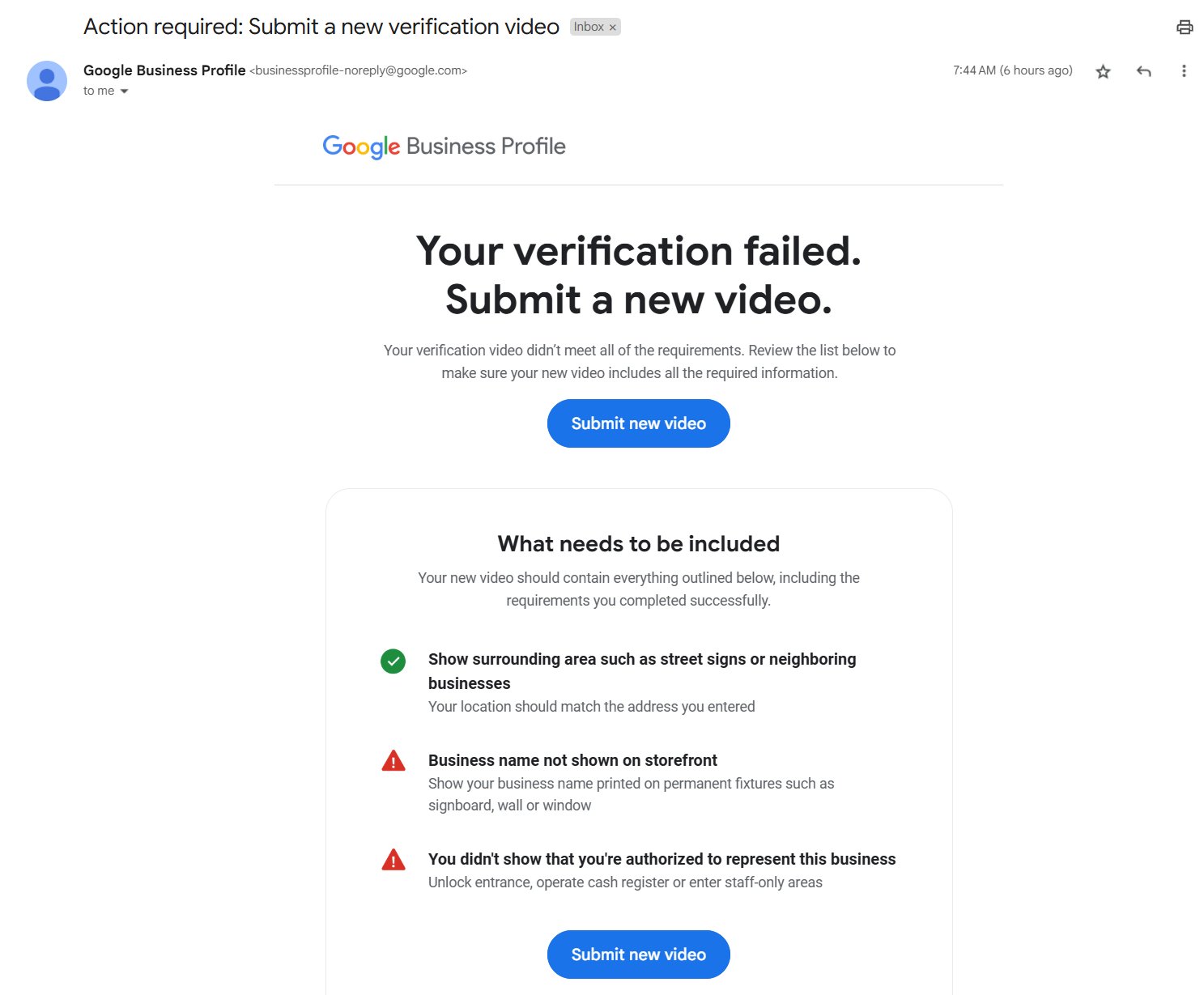 Profil de l'entreprise Google Vérificaton Échec Avis 2