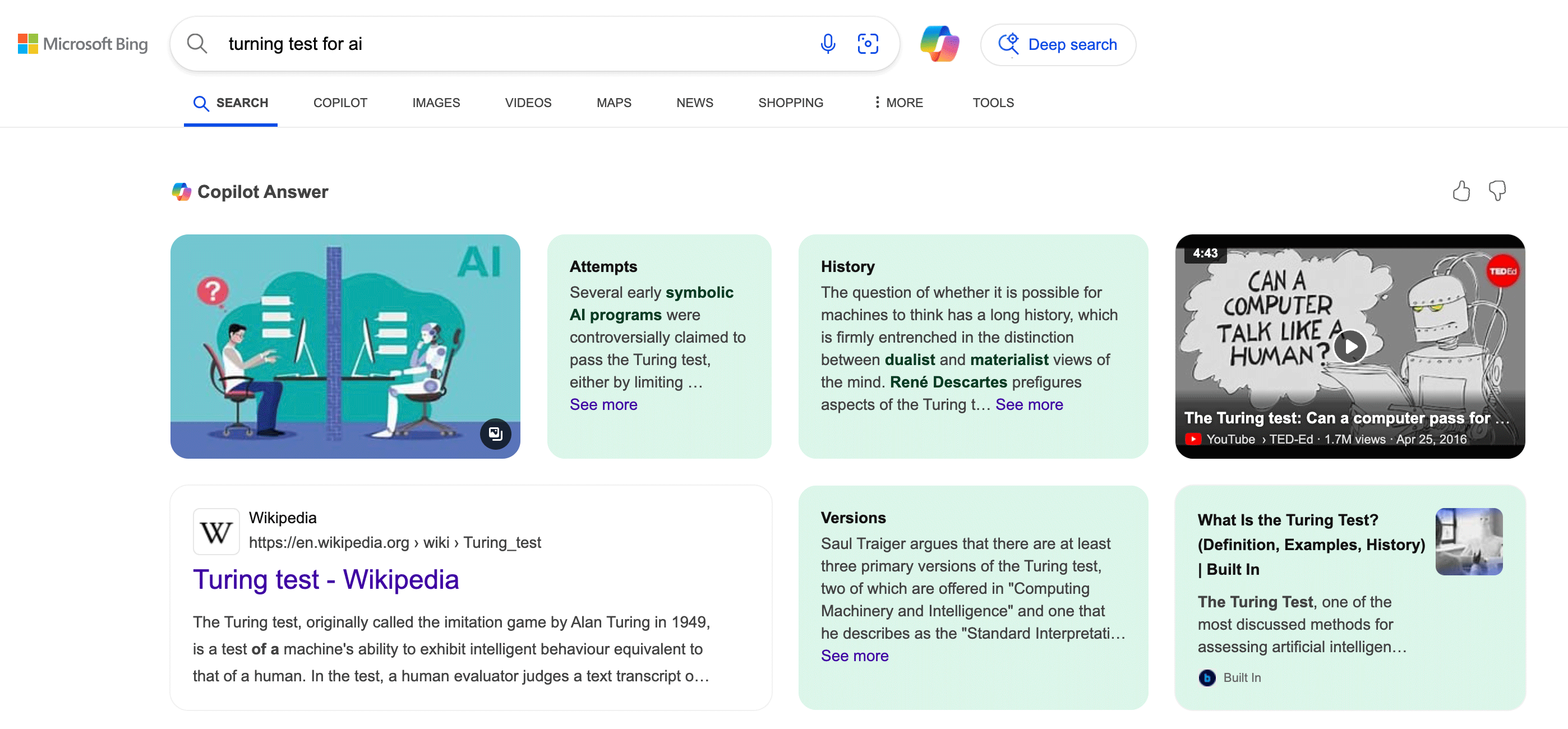 Panneau de connaissances sur les recherches liées à Bing