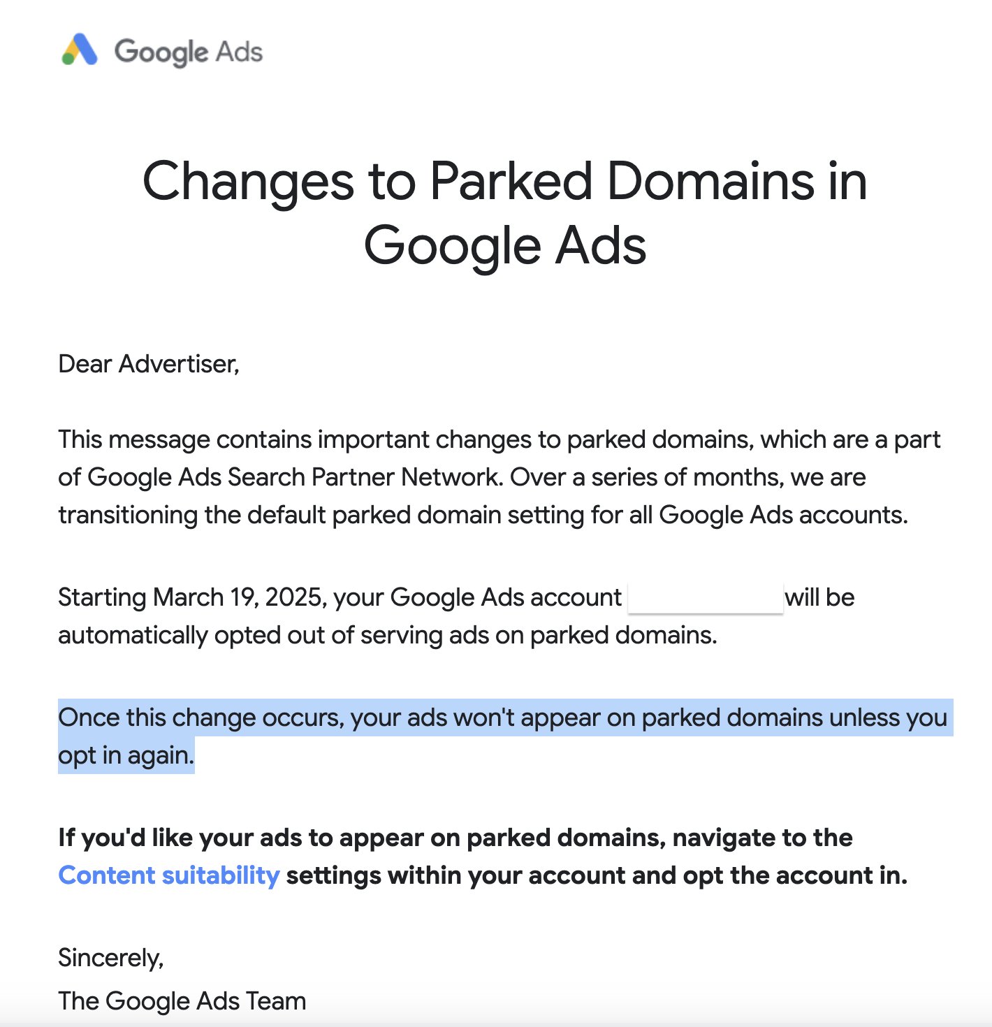 E-mail de domaines garés Google Ads