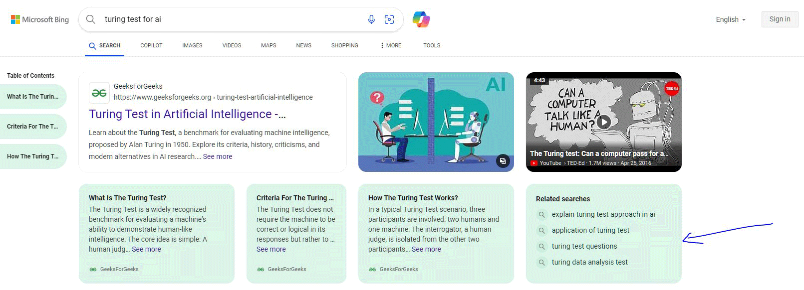 Panneaux de connaissance des recherches liées à Bing