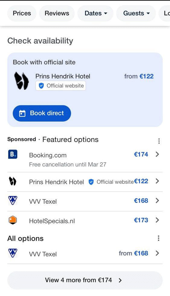 Livre de résultats de l'hôtel Google avec site officiel
