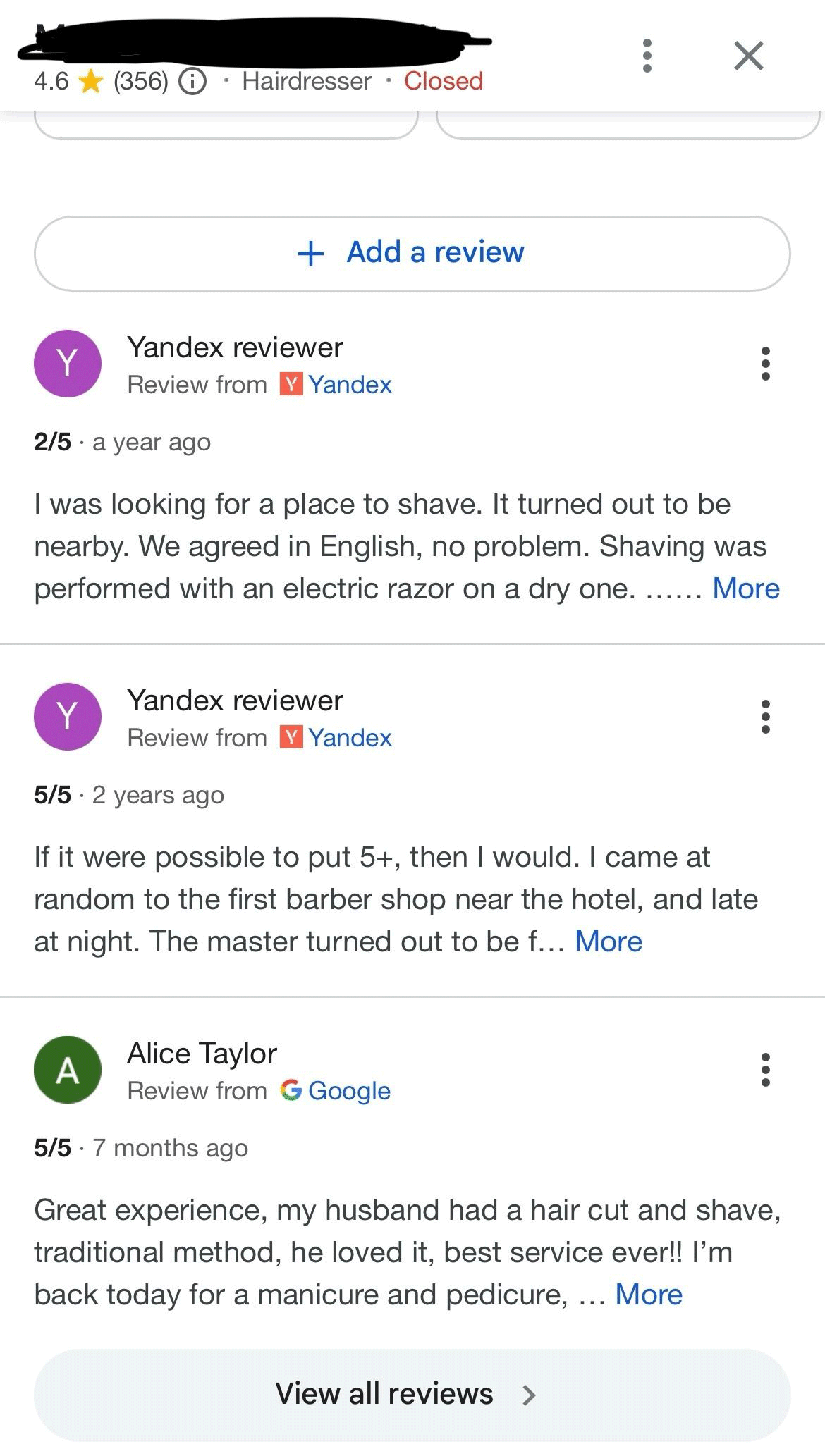 Avis Yandex dans les profils commerciaux locaux Google