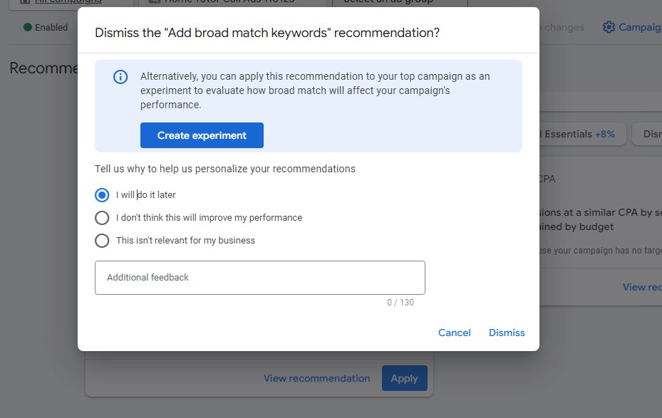 Recommandation Google d'annonces pour expérimenter