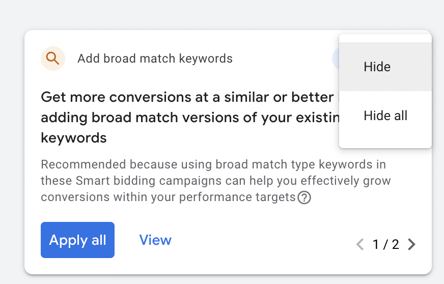 Les annonces Google cachent toutes les recommandations