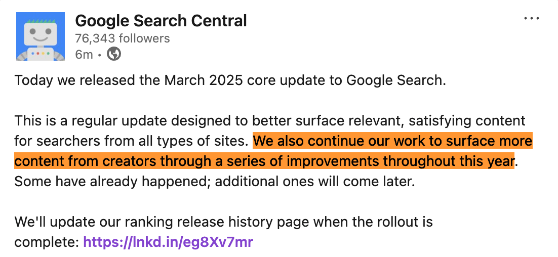 Google Core March LinkedIn Post