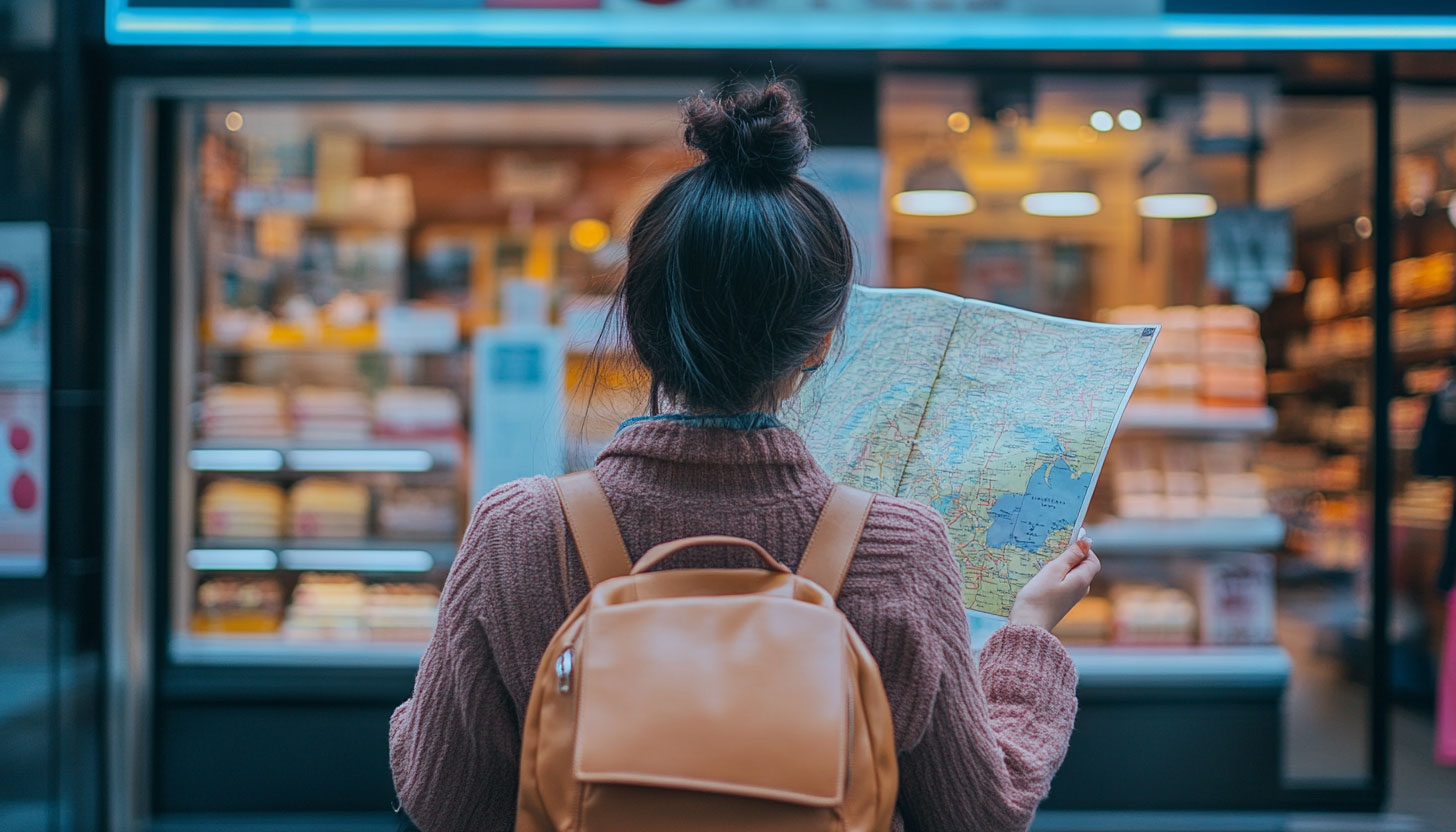Woman Holding Map Outside Of Bakery