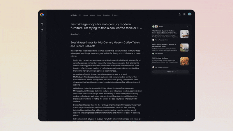Panneau d'historique de mode Google AI