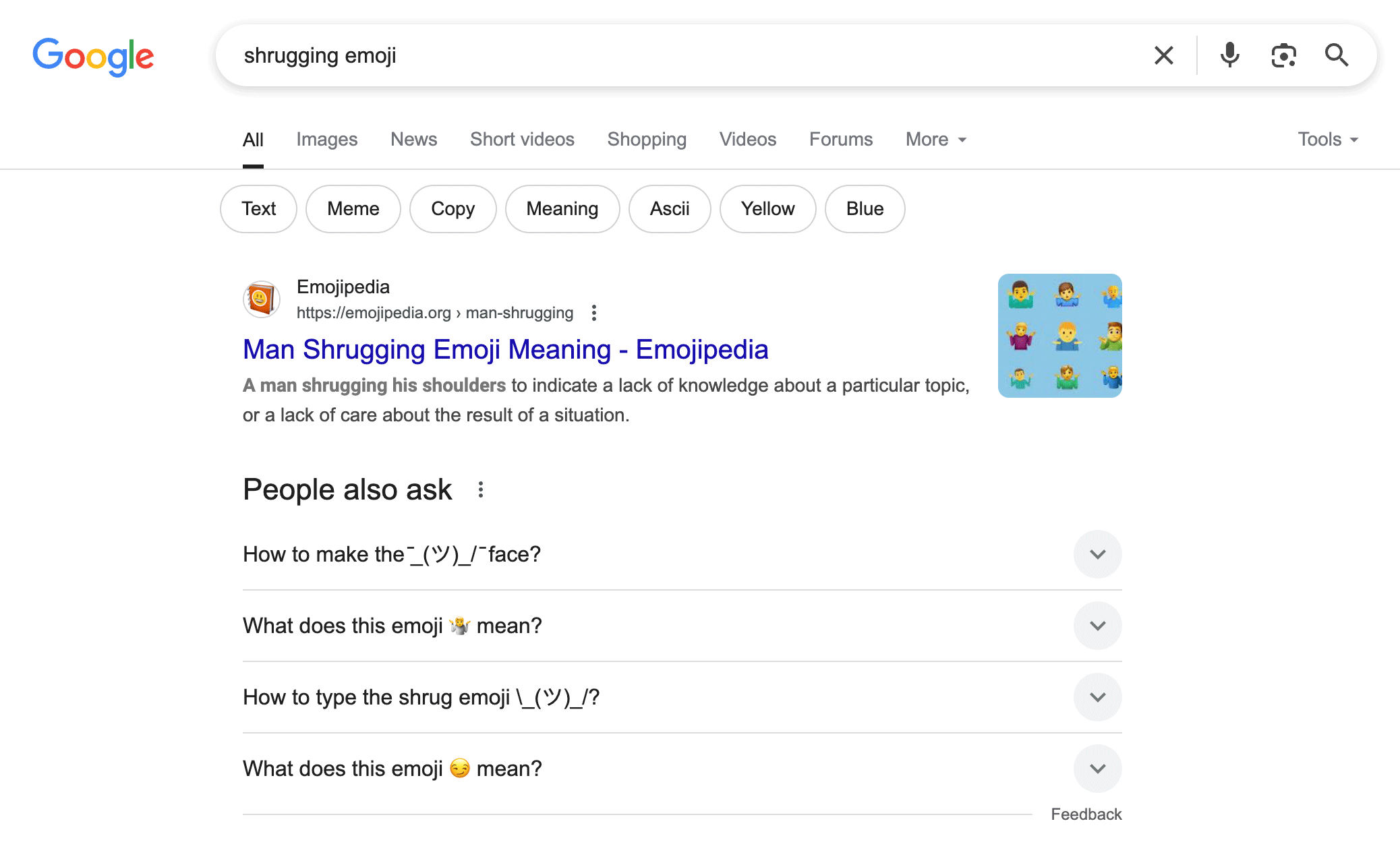 Recherche Google réduisant les emoji