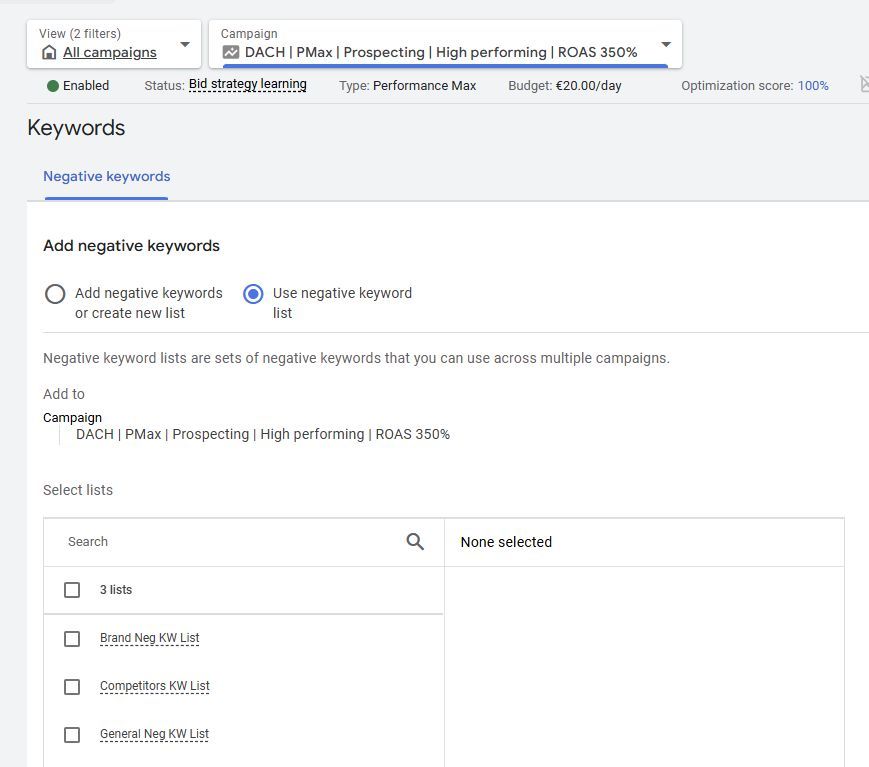 Google Ads Pmax Mots-clés négatifs